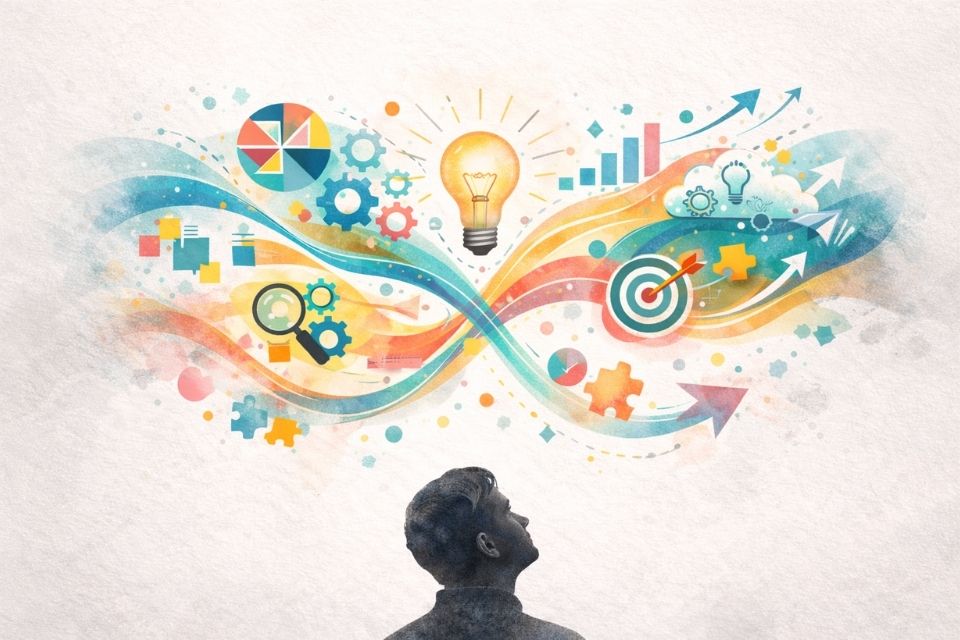 Artistieke collage van een persoon die opkijkt naar een dynamische stroom van gloeilampen en grafieken; een visuele weergave van neurodiversiteit als een proces dat innovatie en slimme oplossingen mogelijk maakt.