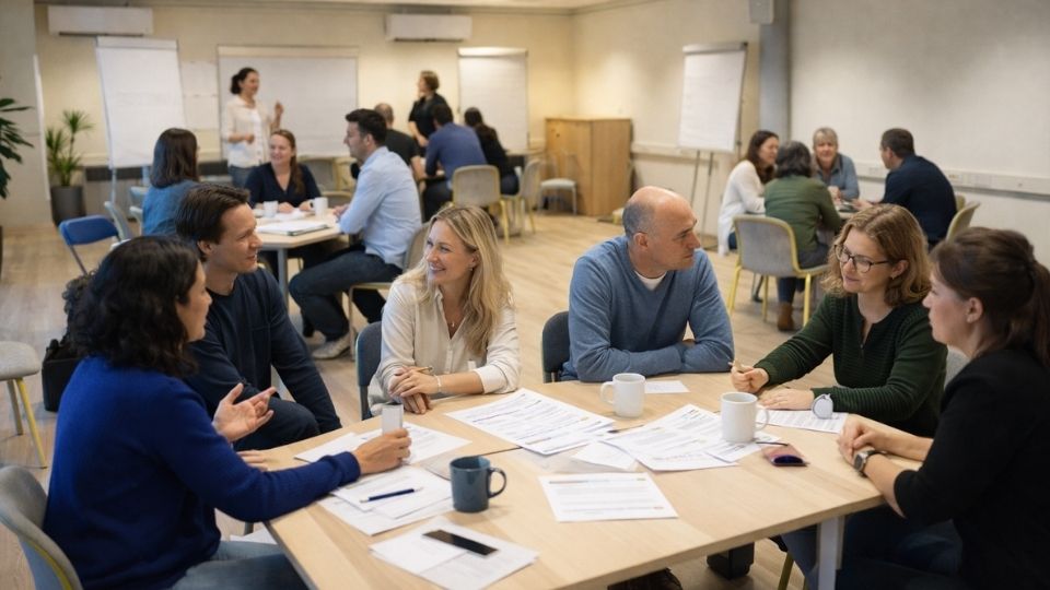 Zes mensen zitten rond een houten tafel en brainstormen. Ze praten geanimeerd en kijken naar documenten en notities. De groep vertegenwoordigt neurodiversiteit in actie om collectieve intelligentie te ontsluiten.