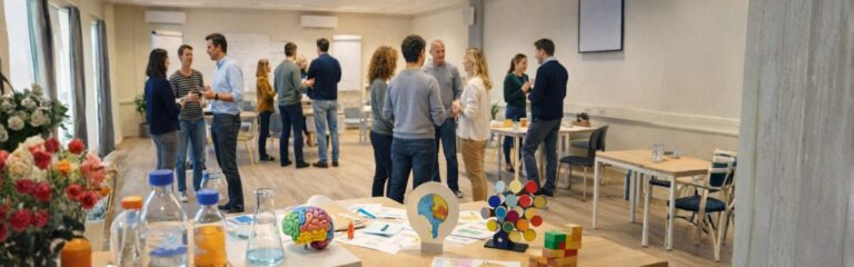 Een brede, panoramische foto van een workshopruimte vol mensen die in groepjes met elkaar praten. Op de voorgrond liggen materialen op tafel die verwijzen naar neurodiversiteit en collectieve intelligentie, waaronder een model van een brein en diagrammen.