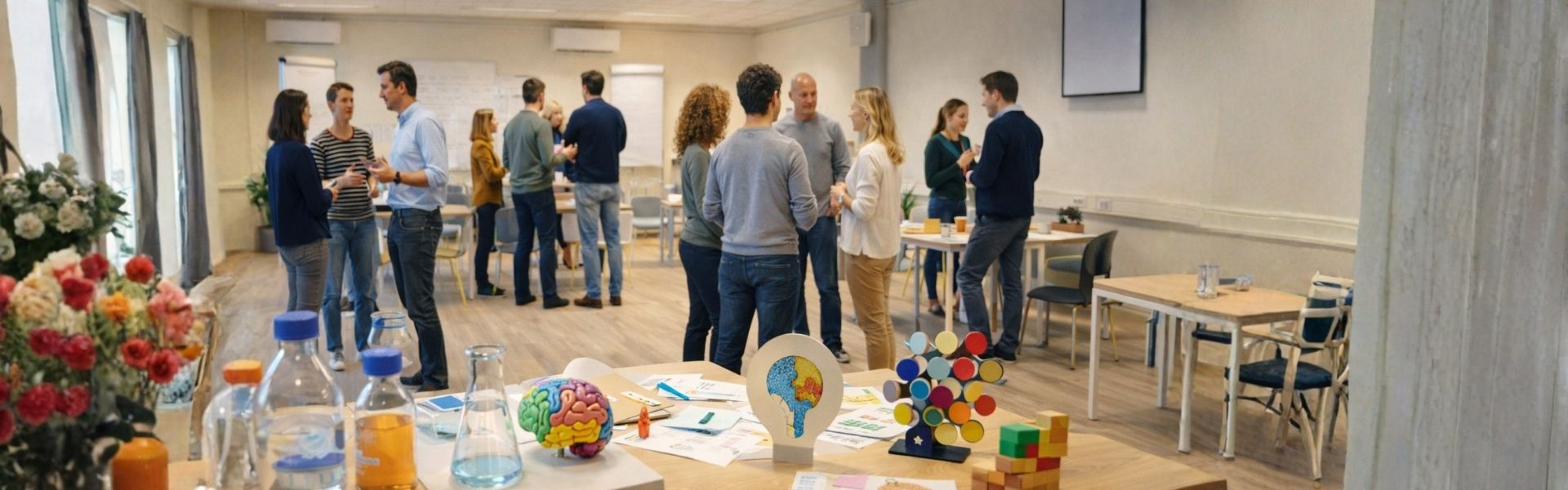 Een brede, panoramische foto van een workshopruimte vol mensen die in groepjes met elkaar praten. Op de voorgrond liggen materialen op tafel die verwijzen naar neurodiversiteit en collectieve intelligentie, waaronder een model van een brein en diagrammen.