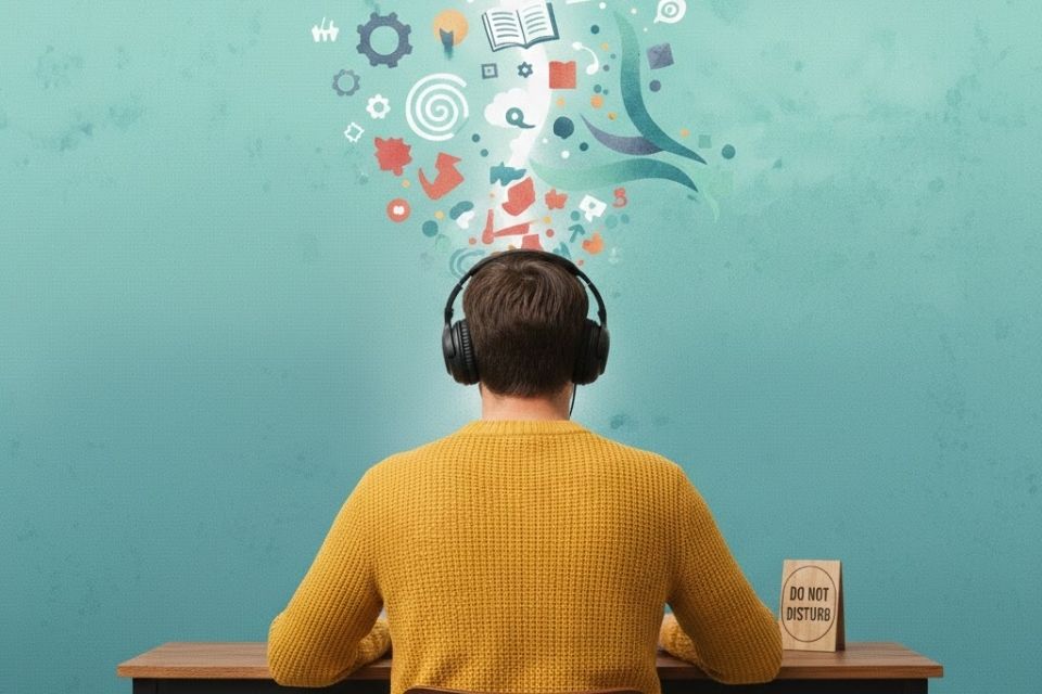 Een medewerker met een koptelefoon werkt geconcentreerd in alleen-tijd om cognitieve overprikkeling te voorkomen en talent te benutten.