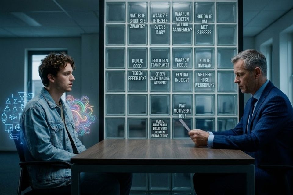 A candidate sits opposite a recruiter separated by a wall of glass blocks with outdated questions symbolising how traditional recruitment unintentionally excludes talent