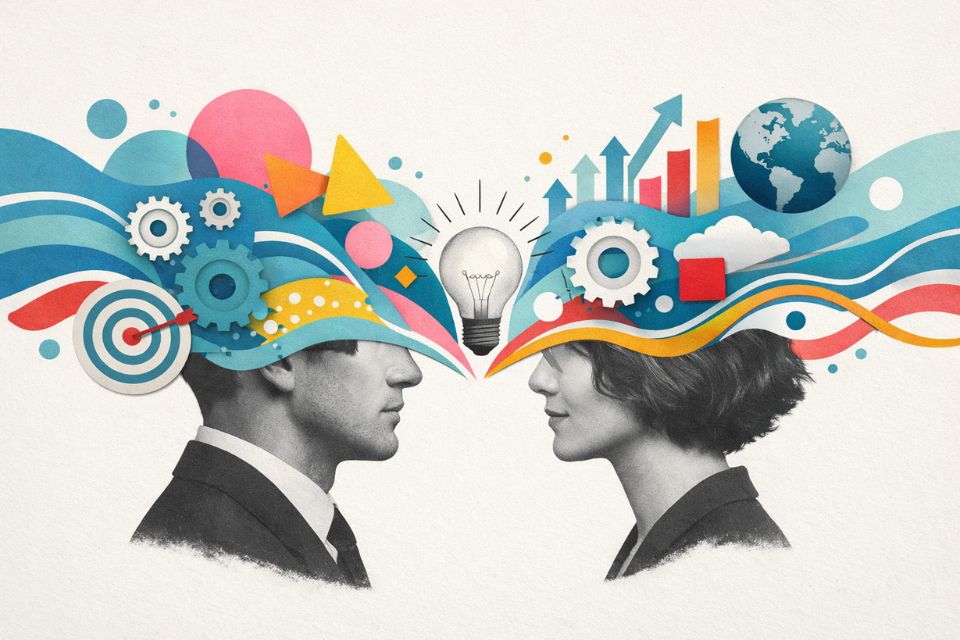 Deep-level diversity in the workplace: two black and white human profiles with a vibrant stream of shapes and gears, symbolising collective intelligence and neurodiversity within teams.