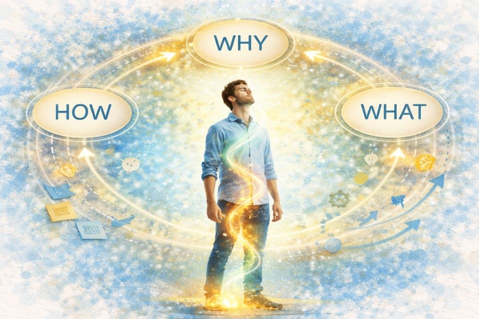 A man in the centre of a glowing network of Why How and What symbolising how neuroinclusive organisations utilise employee talent