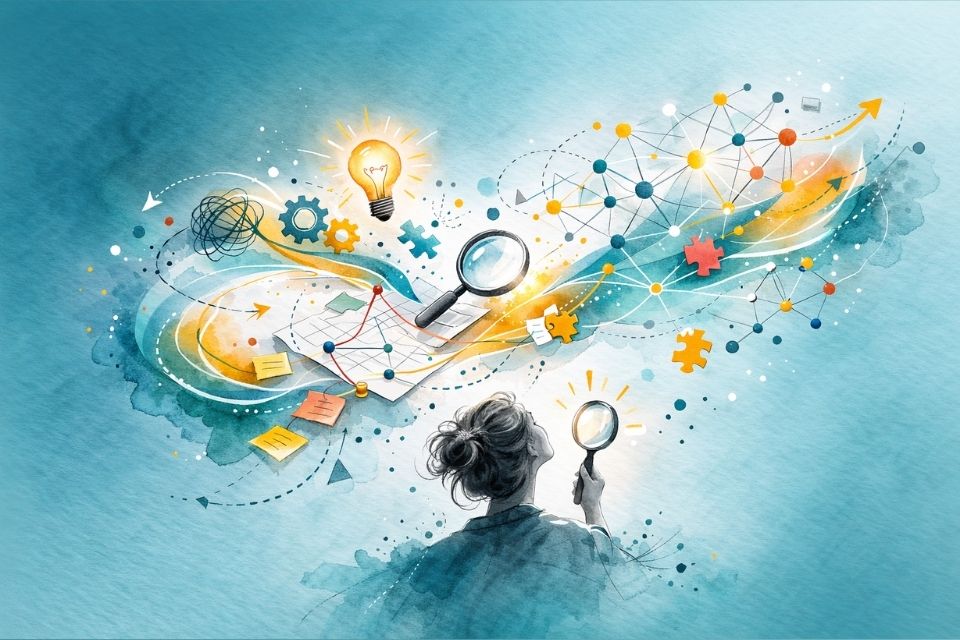 Een illustratie die hypercuriosity verbeeldt: een persoon onderzoekt met een vergrootglas complexe verbindingen en ideeën binnen een neurodivers team.