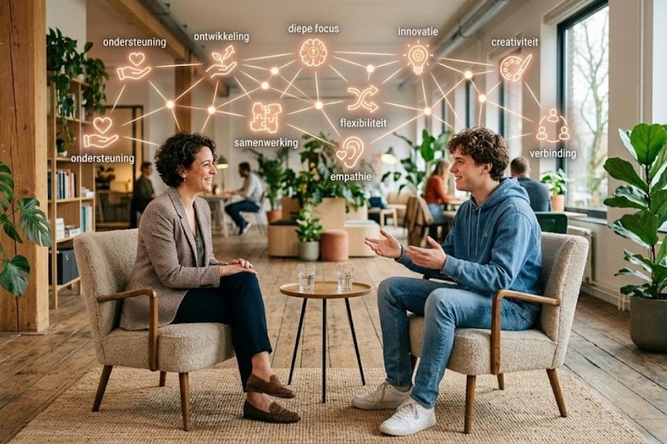 Een recruiter en sollicitant in een gelijkwaardig, open gesprek in een breinvriendelijke omgeving, waar oplichtende iconen wederkerigheid en talenten symboliseren.
