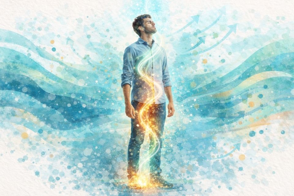 Een man die kalm staat terwijl een goudkleurige stroom van energie door zijn lichaam omhoog beweegt tegen een blauwe achtergrond met lichte golven.