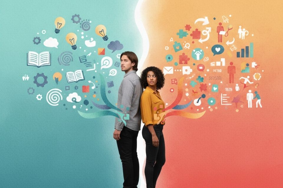 Twee professionals rug-aan-rug die de balans laten zien tussen individuele informatieverwerking en sociale interactie in een inclusieve organisatie.