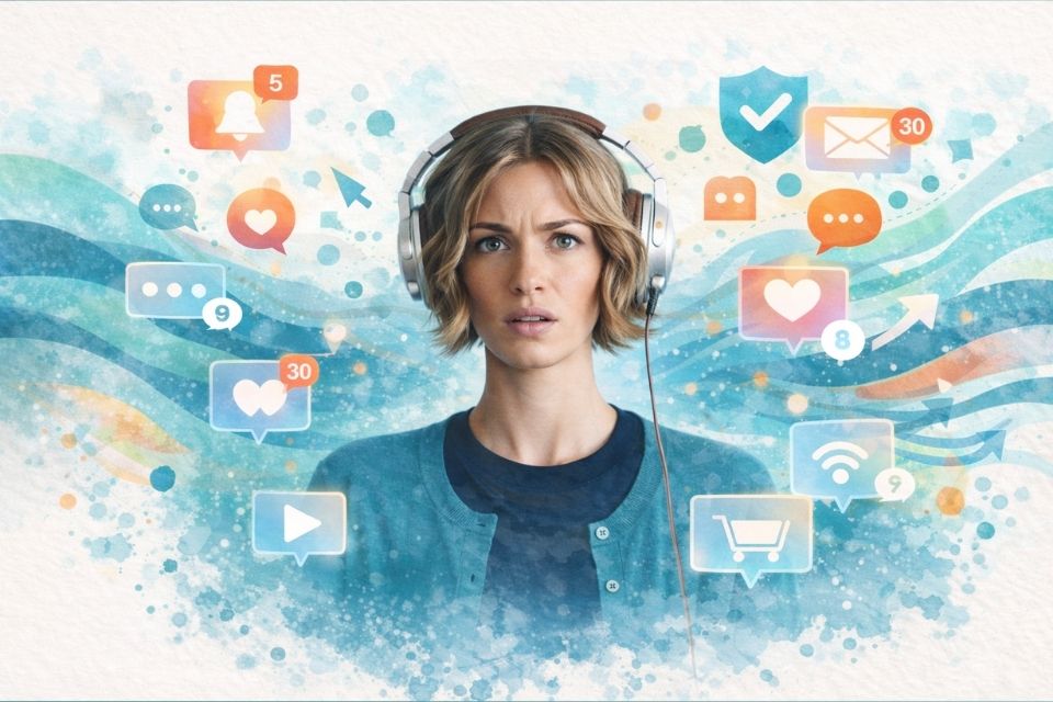 Een vrouw met een koptelefoon omringd door digitale notificaties en sociale media iconen, wat de druk van overprikkeling en de behoefte aan bewuste aandacht verbeeldt.