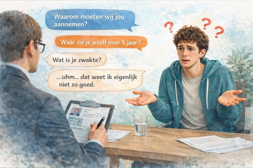Een verwarde sollicitant krijgt vragen als "Wat is je zwakte?" en "Waar zie je jezelf over 5 jaar?", wat de barrières voor neurodiversiteit bij werving illustreert.