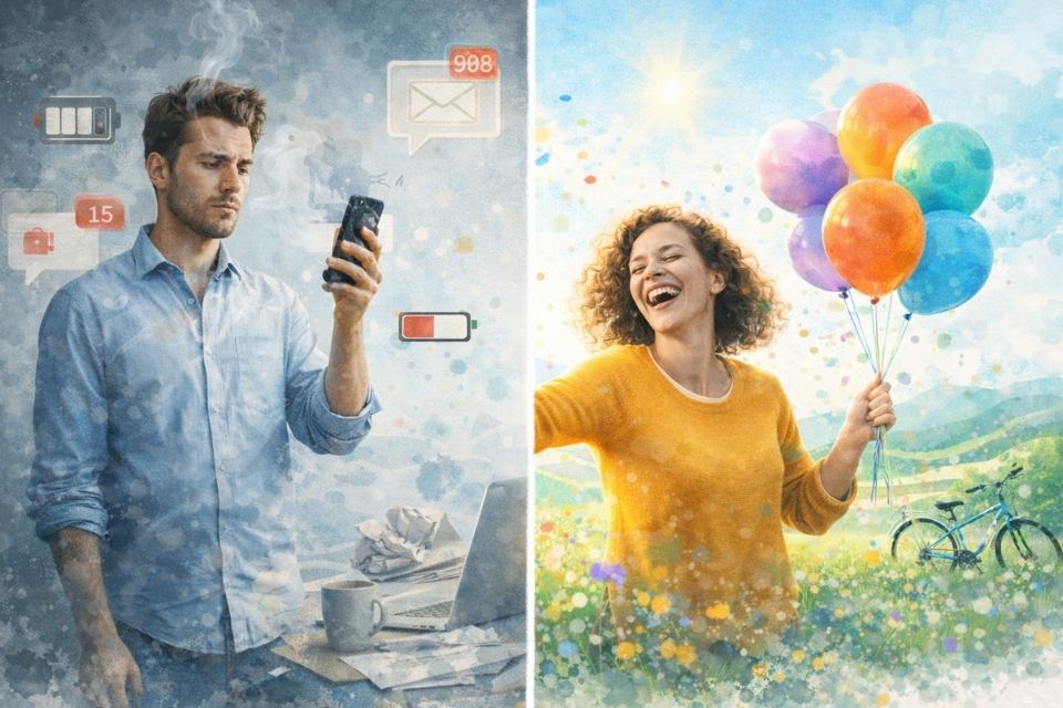 Een tweeluik met links een vermoeide man die naar een telefoon kijkt met lege batterij iconen en rechts een lachende vrouw in een bloemenveld met kleurrijke ballonnen.
