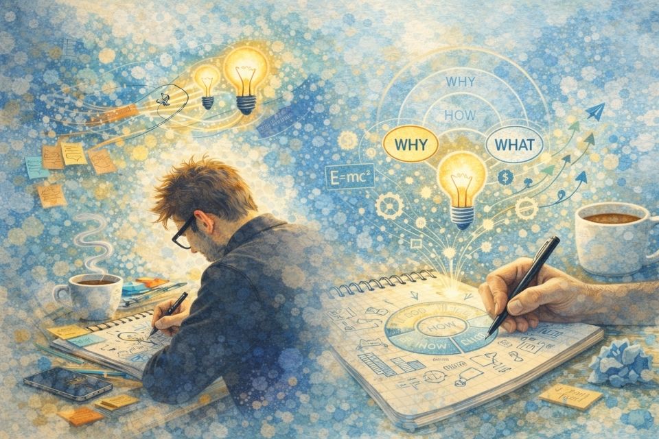 Een illustratie van een man die geconcentreerd droedelt in een notitieblok waarbij oplichtende WHY HOW en WHAT iconen de innovatieve denkwijze van een neurodivergent brein laten zien.
