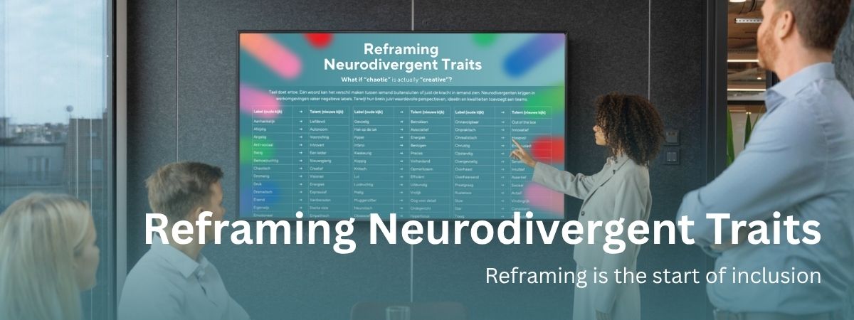 Expert presenting the 'Reframing Neurodivergent Traits' poster to a group to unlock collective intelligence.